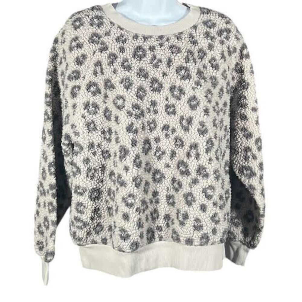 Old Navy Sweatshirt Women's Large Gray Charcoal Leopard Print Sherpa Cozy…